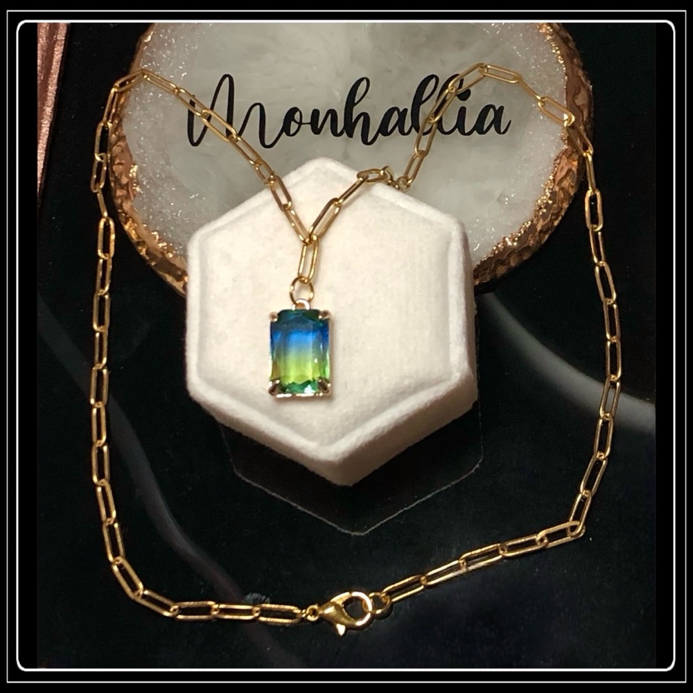 14k Gold Steel Emerald Cut Ombre Square Blue Topaz Tourmaline Paperclip Necklace - Picture 4 of 5